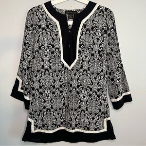 Marisa Christina Women’s Linen Blouse Tunic Size S Black White Unique Design